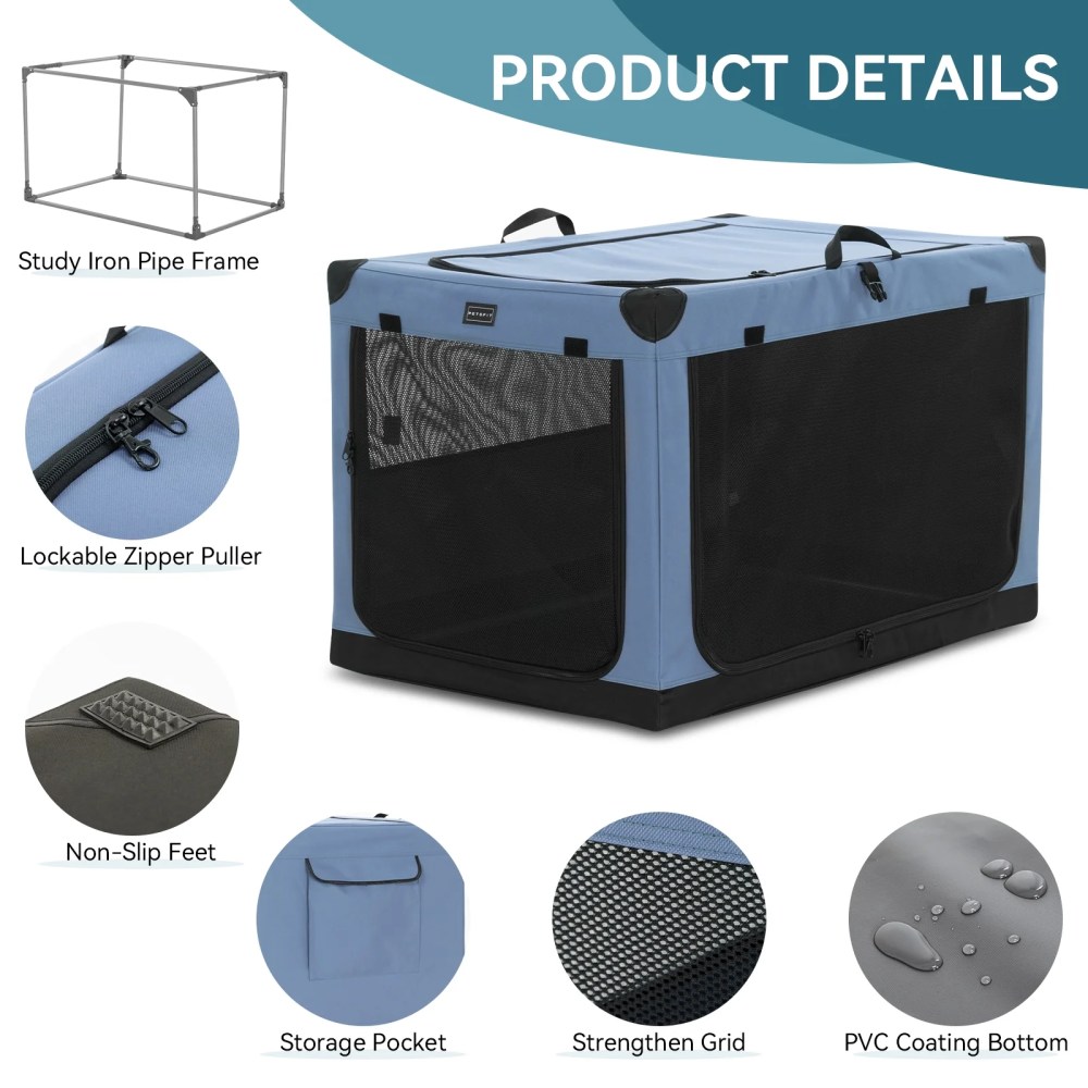 Petsfit 36 Inch Portable Large Dog Kennel, Adjustable Fabric Cover by Spiral Iron Pipe, Soft Collapsible Dog Crate Blue - Image 7