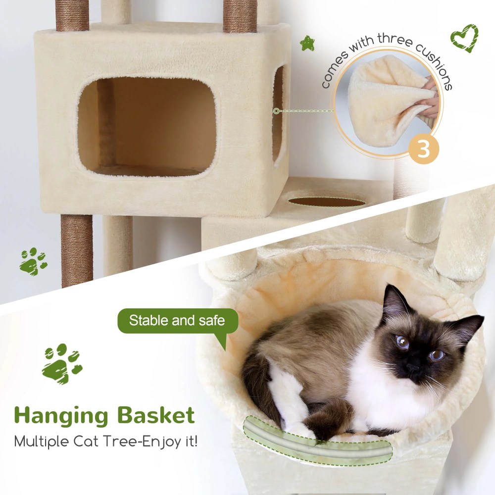 Globlazer Big Cat Tree Tower, 85in Multi-Level Tall Cat Tree Tower Indoor for Multiple Adult Cats with Scratching Post, 3 Perches, 3 Condos, 2 Hanging Basket, S85, Beige - Image 3