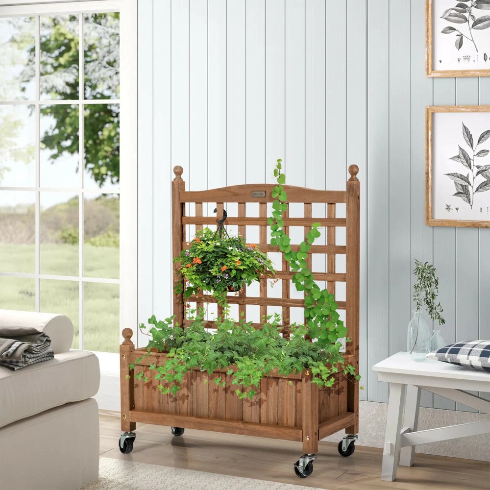 Gymax 2PC 32in Wood Planter Box w/Trellis Mobile Raised Bed for Climbing Plant - Image 5