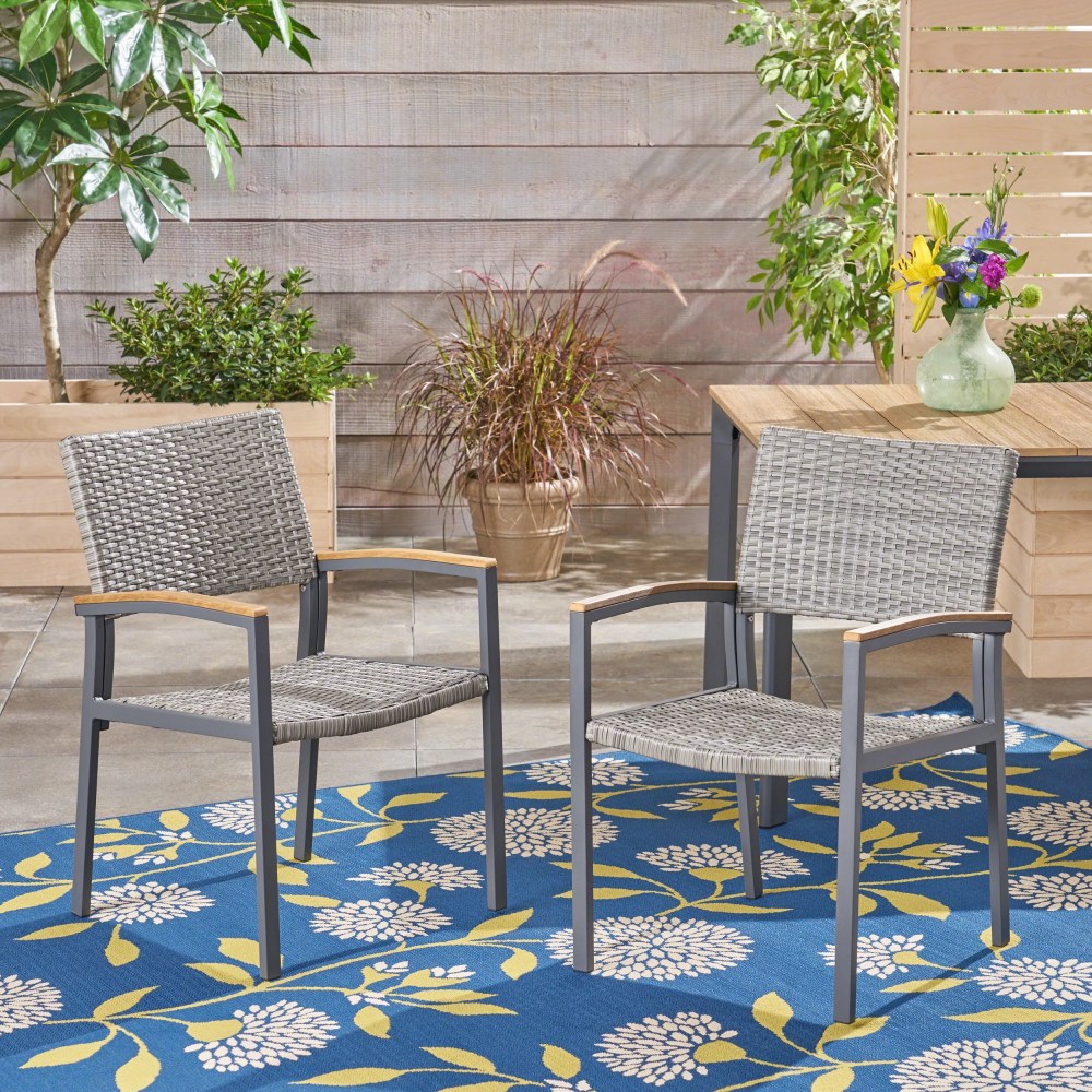Noble House Luton Wicker Patio Dining Arm Chair in Gray (Set of 2)