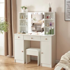 Yamissi Lighted Makeup Vanity Table w/ Mirror and Stool,Modern Makeup Dressing Table,Vanity Desk Set with 3 Drawers and 6 Shelves for Bedroom,White