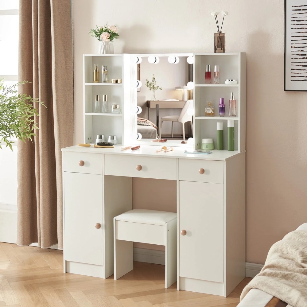 Yamissi Lighted Makeup Vanity Table w/ Mirror and Stool,Modern Makeup Dressing Table,Vanity Desk Set with 3 Drawers and 6 Shelves for Bedroom,White
