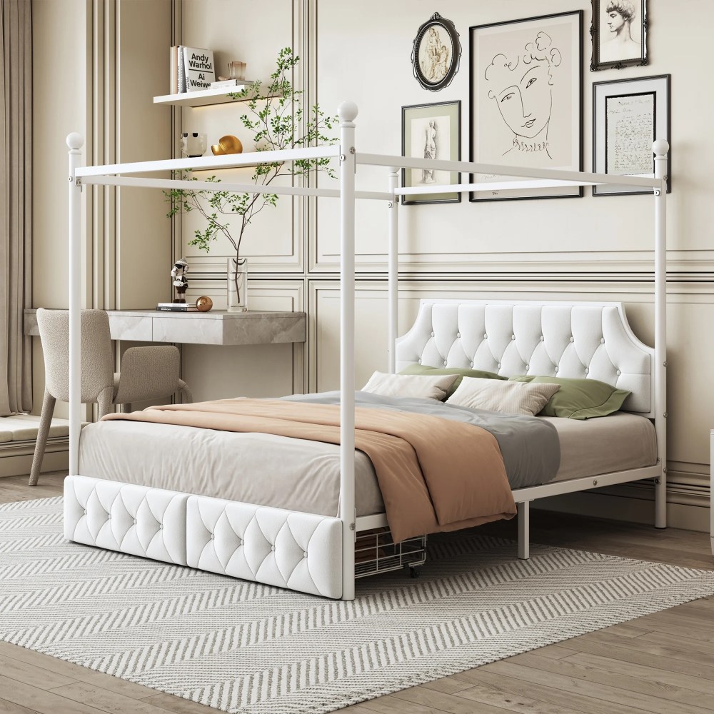 Euroco Wood Queen Size Canopy Platform Bed with Four Support Legs and 2 Drawers for Kids Teens Adults, White - Image 11