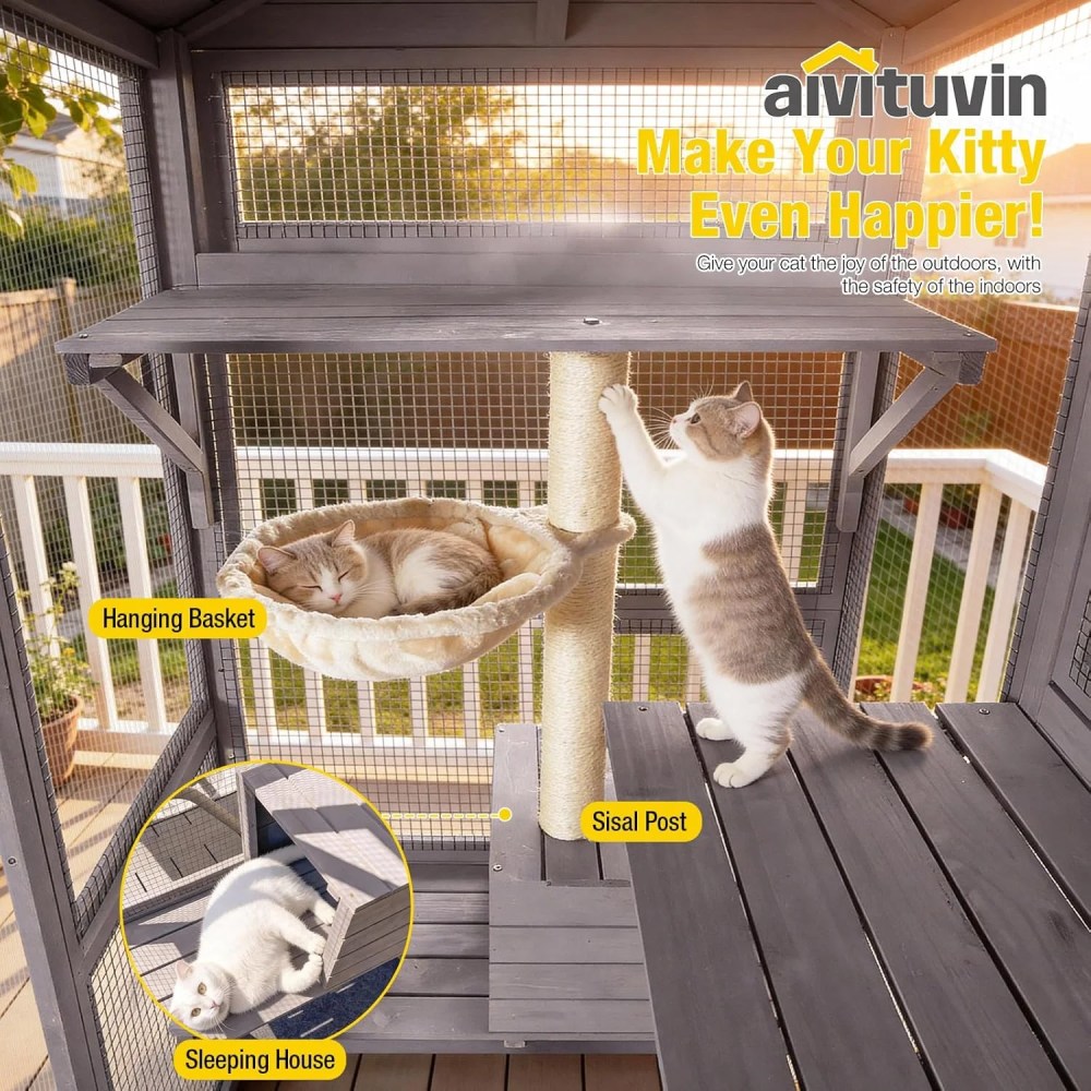 Aivituvin Catio Large Cat House Outdoor Walk in Outdoor Cat Enclosure Indoor Cage Kitty Condo Playpen with Door, Platform, Scratch Post, Hammock - 70" - Image 10