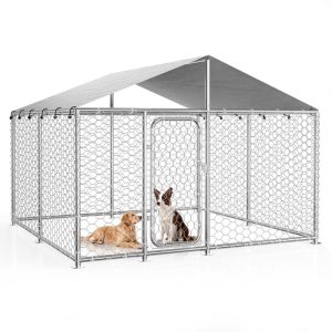 YOKWOK 7.57.5ft Outdoor Dog Kennel Heavy Duty Metal Dog Pet Enclosure,  with Galvanized Steel Fence and Metal Gate,  UV Waterproof Sun Resistant Roof Cover and Secure Lock
