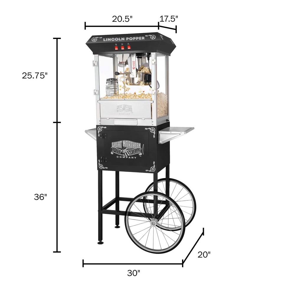 Lincoln Popcorn Machine with Cart- Popper Makes 3 Gallons- 8-Ounce Kettle, Old Maids Drawer, Warming Tray & Scoop by Great Northern Popcorn (Black) - Image 2