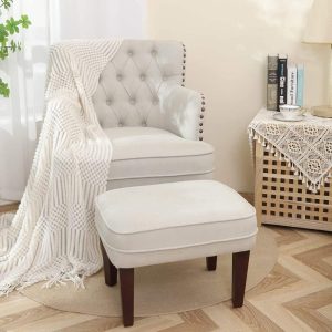 Accent Chair with Ottoman,Button Tufted Armchair for Bedroom Living Room(Beige)
