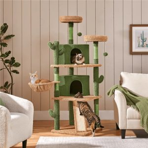 Yaheetech 68"H Cactus Cat Tree Cat Tower with Padded Perch, Green/Brown