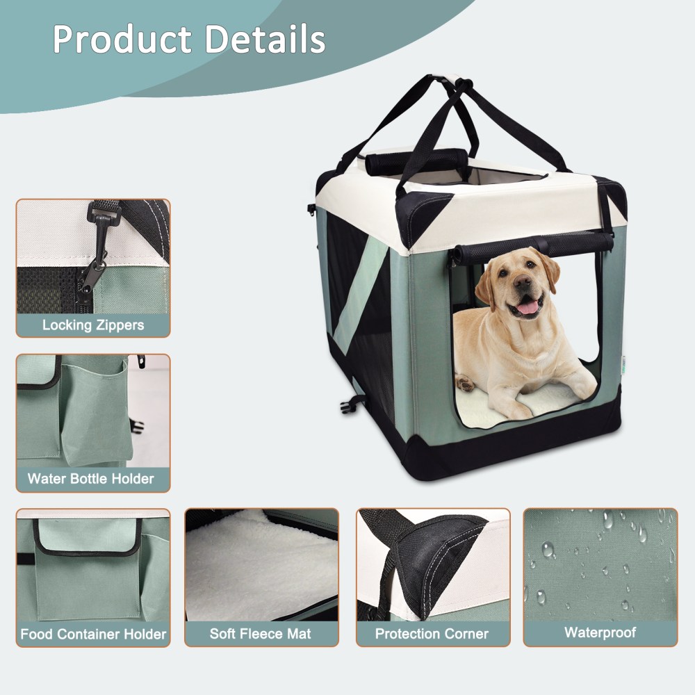 ZAKAPAWS Collapsible Soft Dog Crate, Portable 3 Door Dog Kennel, Travel Pet Crate Carrier for Indoor and Outdoor (Shale Green, 24" L x 16.5" W x 16.5" H) - Image 2