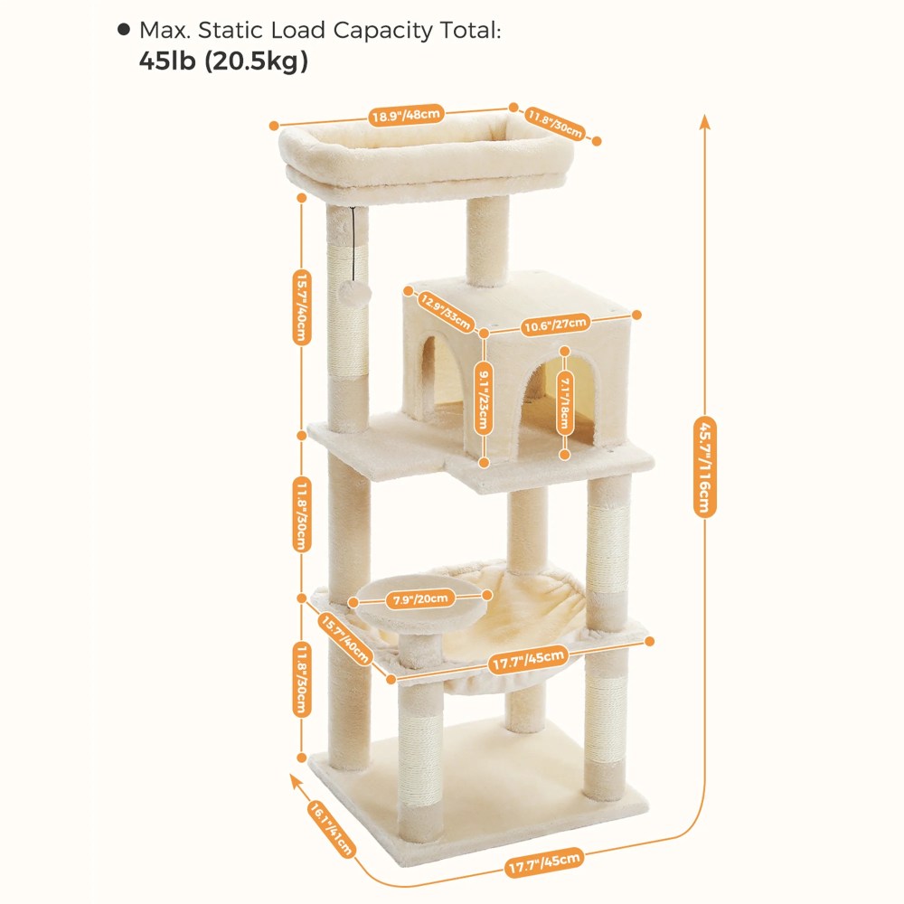 Pefilos 45" Cat Tree Tower for Indoor Cats, 5-Level Cat Condo for Large Cats with Large Hammock, Big Top Perch and 4 Sisal Covered Scratching Pos, Beige - Image 4