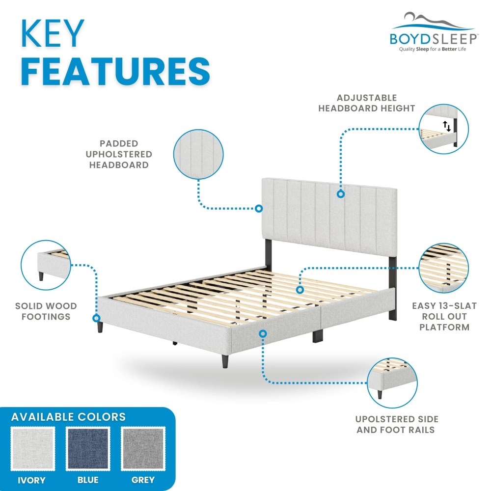 Boyd Sleep Leah Off White Linen Queen Size Fully Upholstered Platform Bed Frame with Adjustable Headboard - Image 3