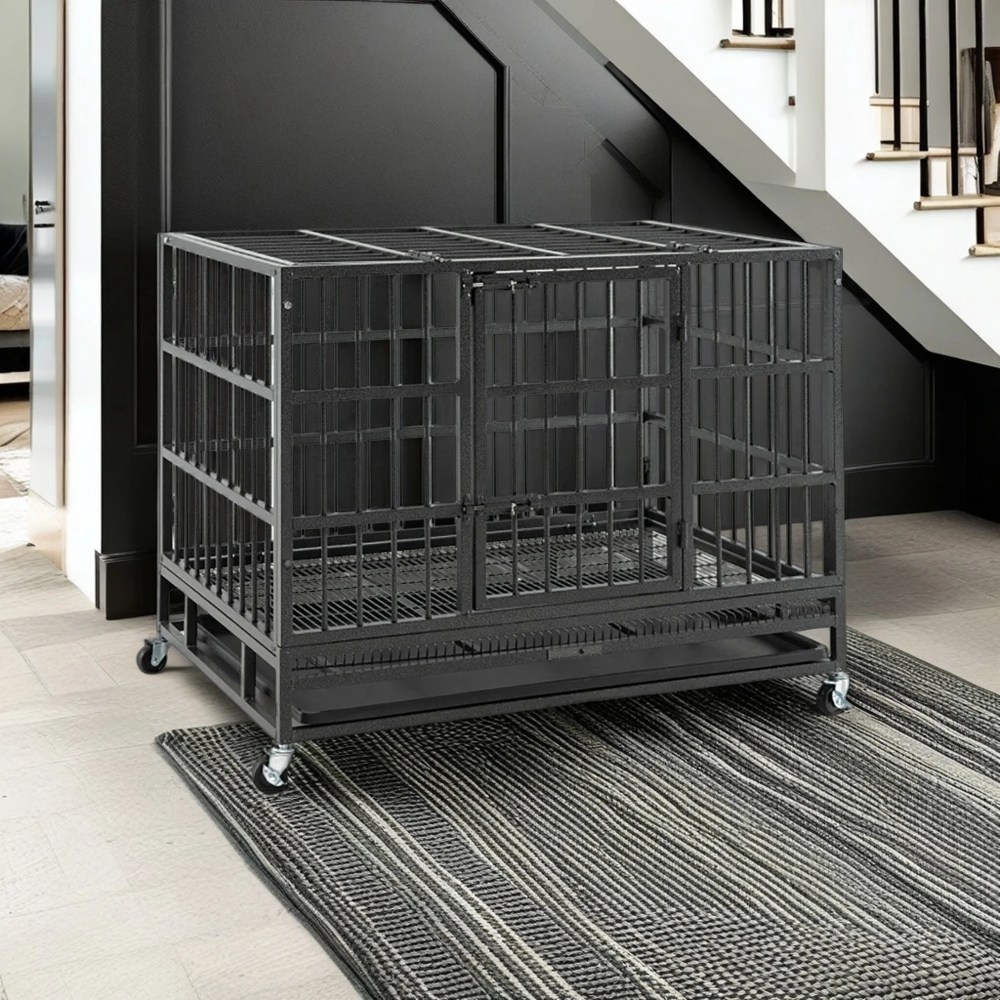 Pefilos 38 Inch Heavy Duty Dog Crate, Escape Proof Dog Cage Kennel with Lockable Wheels, Large House Indoor for Large Dog with Removable Tray, Black, M - Image 2