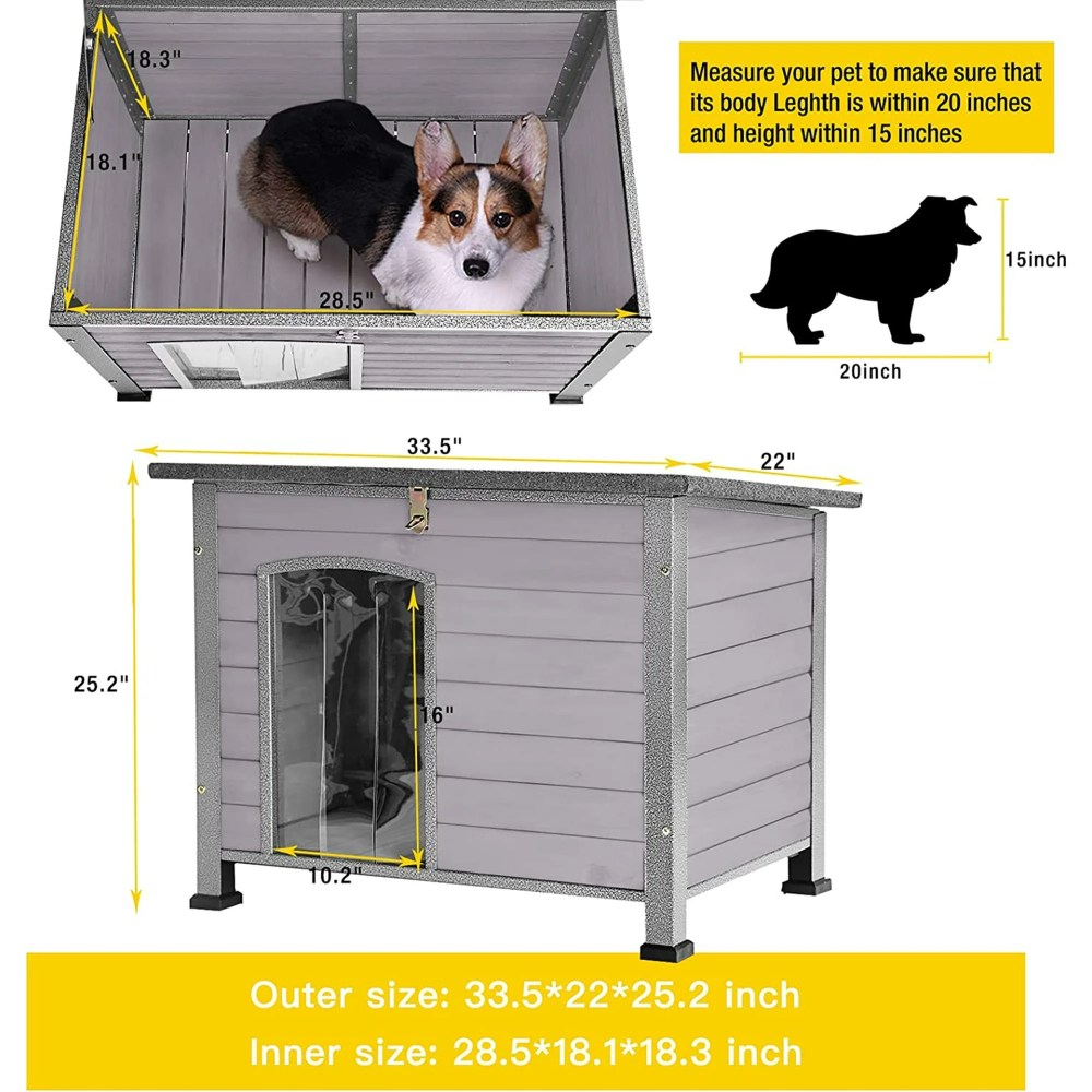 Aivituvin 33.5"L Outdoor Dog House, Wooden Dog Kennel with Openable Asphalt Roof, Chew-Proof Metal Frame for Medium Small Dog, Gray - Image 9