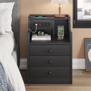 Afuhokles Nightstand with Charging Station,Night Stand with Hutch and Storage Drawers,Black