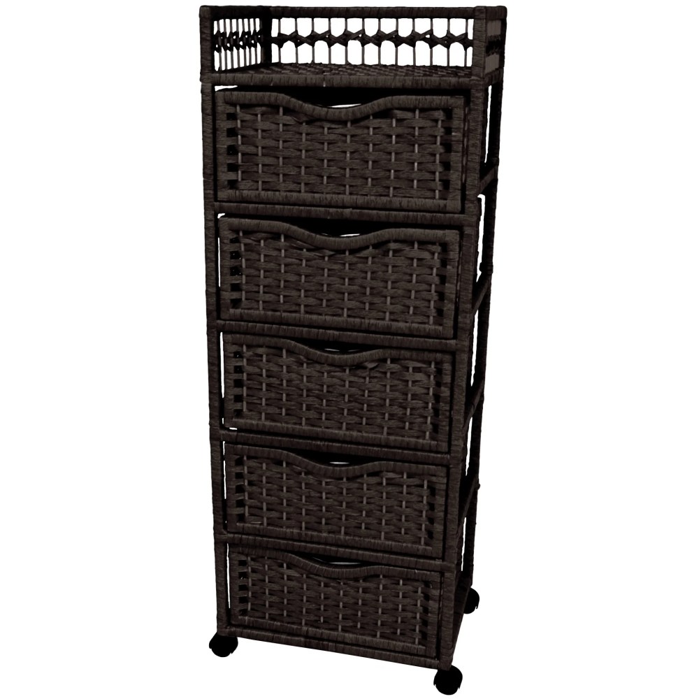 OrientalFurniture Handmade Wood and Natural Fiber Wheeled 5-drawer Chest (China) Black 17.25"W x 12.50"D x 46.00"H Matte