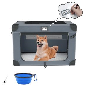30 Inch Collapsible Dog Crate for Medium Large Dogs,  3-Door Foldable Soft Kennel with Fleece Bed and a Folding Bowl,  Suitable for Indoor & Outdoor Portable Pet Kennel