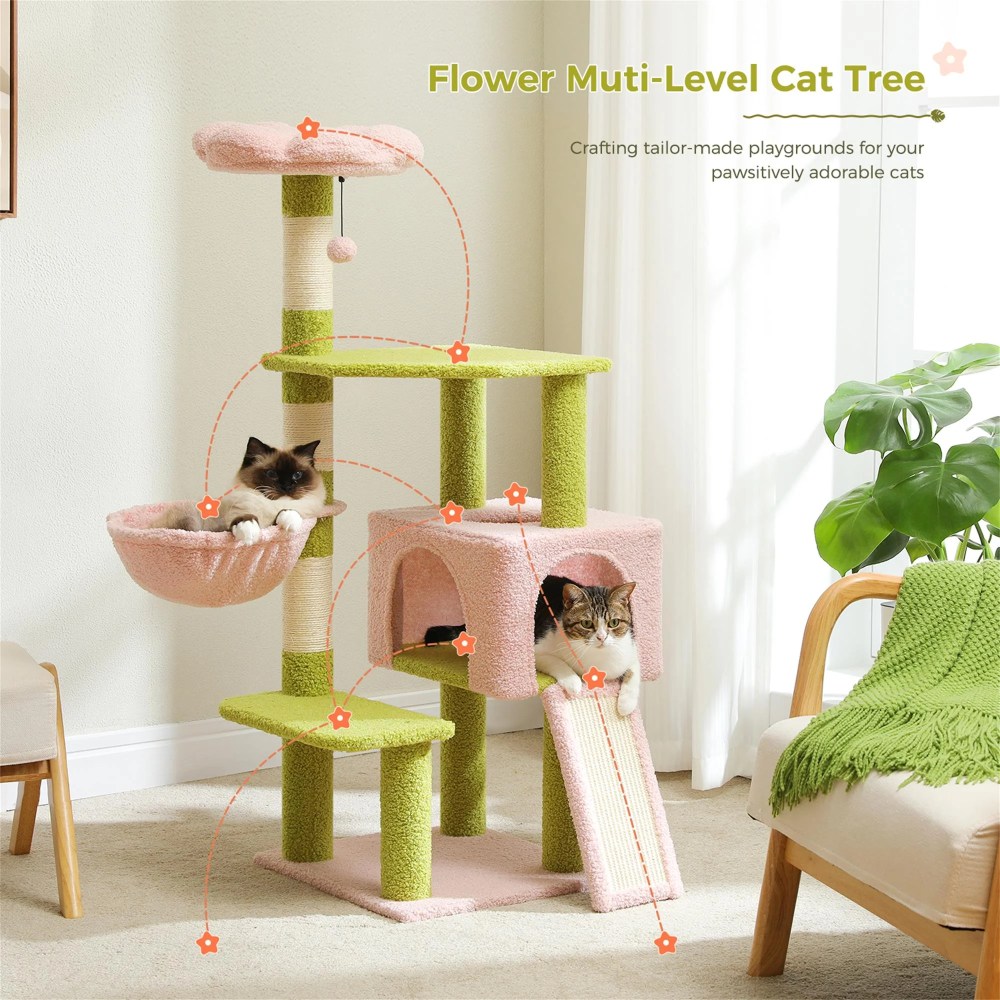 Pefilos 47" Flower Cat Tree Tower for Indoor Cats, Cat Condo with Pink Top Perch for Kittens, Cat Tree House with Sisal Scratching Posts, Pink - Image 4