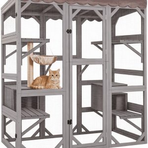 Aivituvin Catio Large Cat House Outdoor Walk in Outdoor Cat Enclosure Indoor Cage Kitty Condo Playpen with Door, Platform, Scratch Post, Hammock - 70"