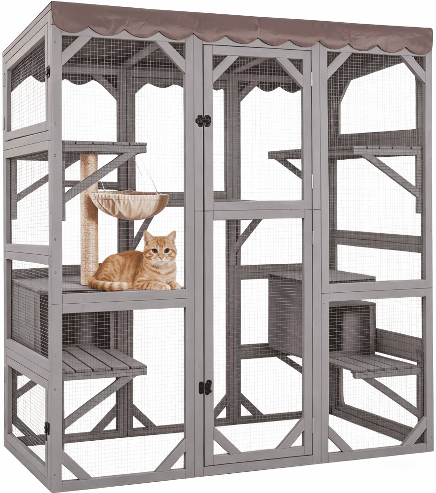 Aivituvin Catio Large Cat House Outdoor Walk in Outdoor Cat Enclosure Indoor Cage Kitty Condo Playpen with Door, Platform, Scratch Post, Hammock - 70"