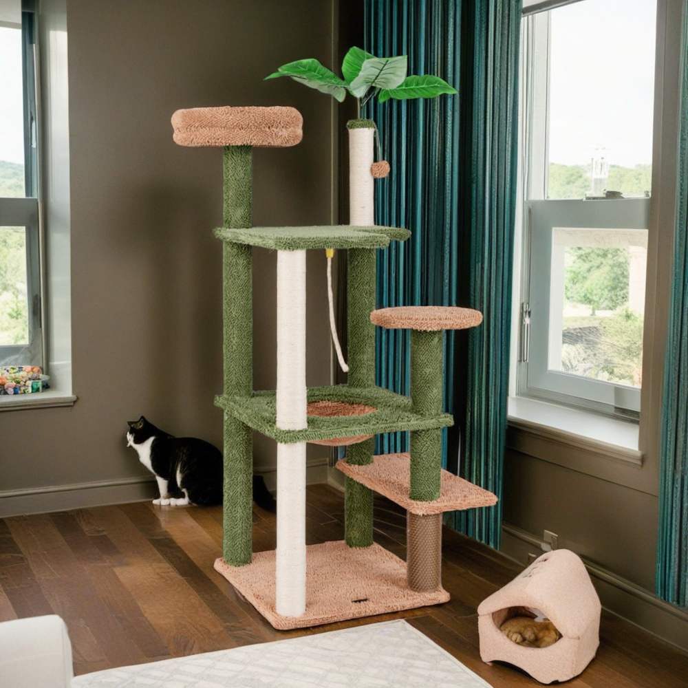 Pefilos 60" Cactus Cat Tree Tower for Indoor Cats, Multi-Level Cat Condo, Cat Tree House with Sisal Scratching Posts, Hammock and Perch, Green