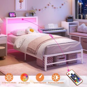 Yoneston Twin Metal Platform Bed Frame with LED Light and USB Port Charging Station Storage Headboard for Kids Boys Girls Adults,White