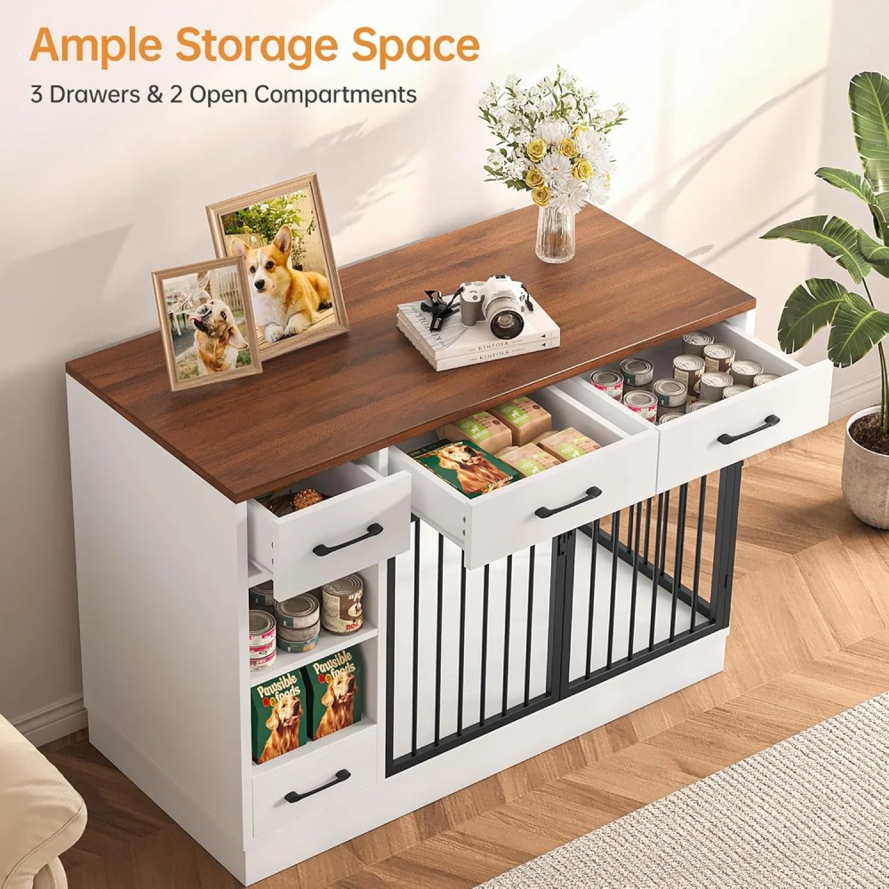 Selooye Large Dog Crate Furniture, Sturdy 2-Door 47.2" Wooden Furniture Style Crate for Dogs with 3 Storage Drawers and Hidden Feeding Bowl - Image 2