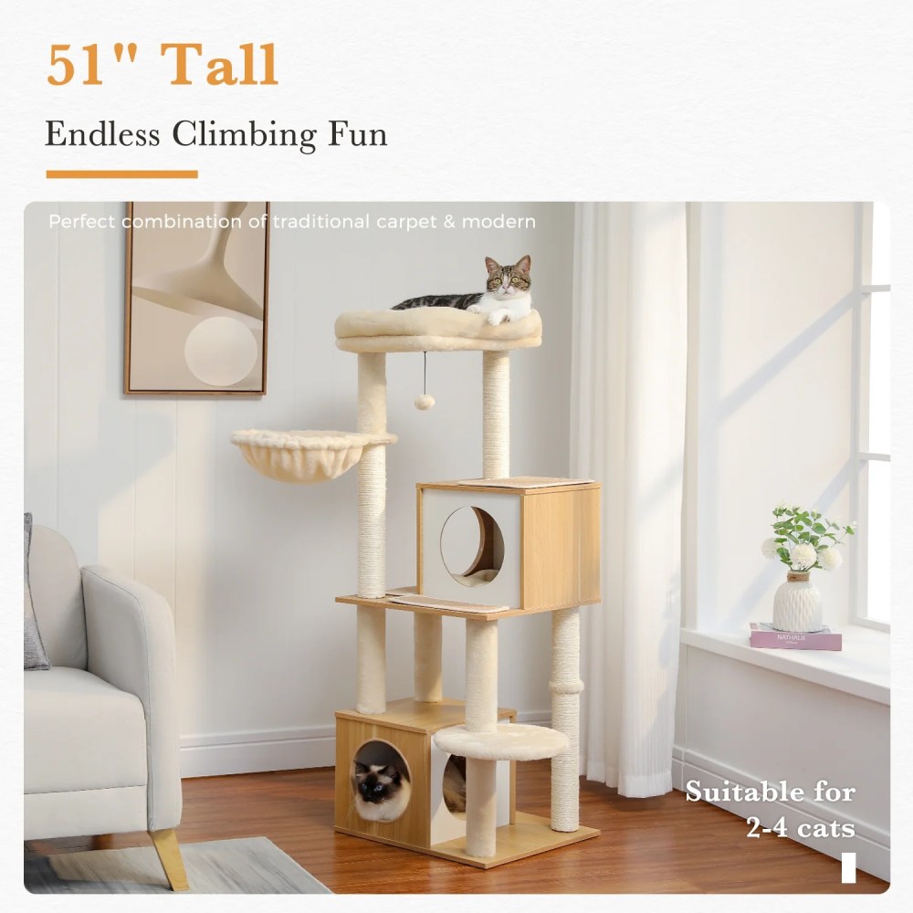 Pefilos 51" Wooden Cat Trees Towers for Large Cats with Cat Scratching Post and Removable Soft Perches Modern Cat Condo for Indoor, Beige - Image 3