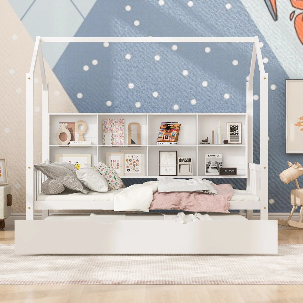 Aukfa House Bed with Trundle, Twin Platform Bed with Storage Shelves and Roof - White - Image 6