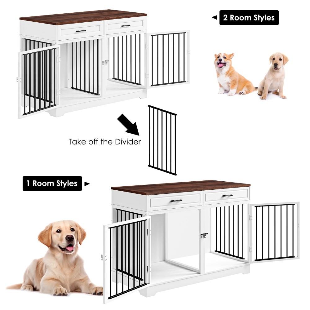 Homfa Dog Crate Furniture with 2 Drawers, 47.2 in Wooden Indoor Dog Cage Table with Divider, White - Image 6