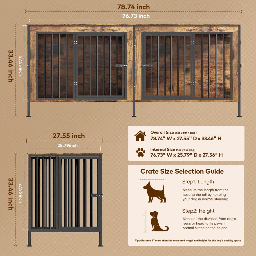 TIME RAY 78 Inch Dog Crate Furniture for Large Dog, Wood Dog Kennel Furniture Indoor with Removable Divider, Dog Cage Furniture as TV Stand, Brown - Image 4