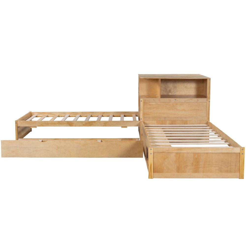 Euroco Pine Wood L-Shaped Twin Platform Bed with Storage Desk, Cabinets, Trundle and LED Light for Kids Teens, Natural - Image 13