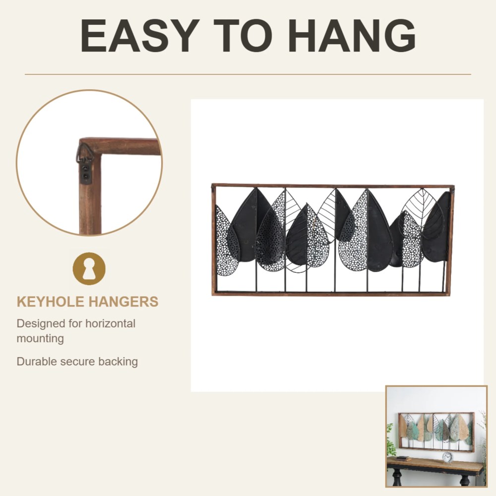 DecMode Brown Wood Cutout Leaf Wall Decor with Green and Black Metal Wire Accents - Image 4