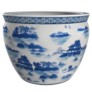 Red Lantern 16" Landscape Blue & White Porcelain Fishbowl Planter