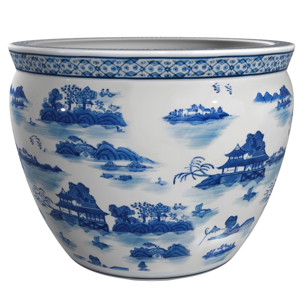 Red Lantern 16" Landscape Blue & White Porcelain Fishbowl Planter