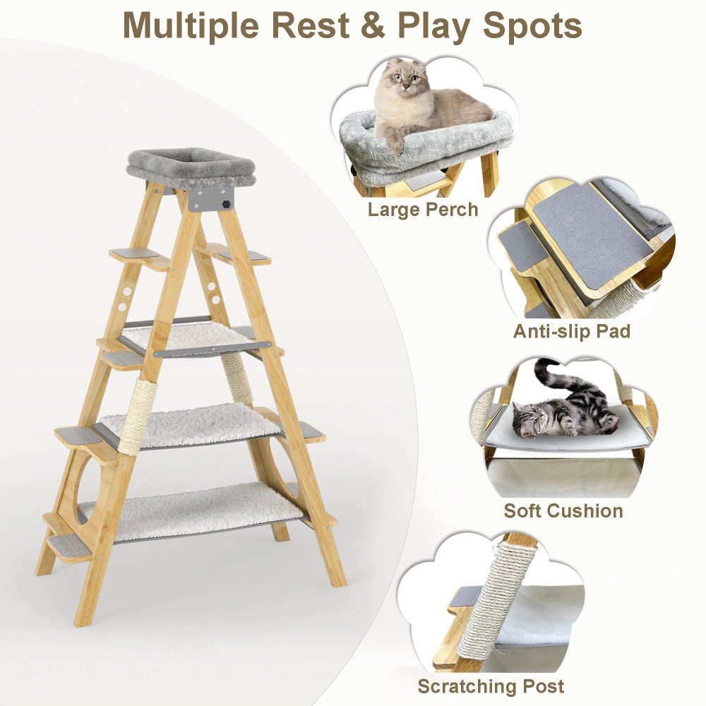 GDLF Modern Solid Wood Cat Tree Foldable Ladder Design with Cat Hammock & Sisal Scratch Post Easy Clean 60"H - Image 2