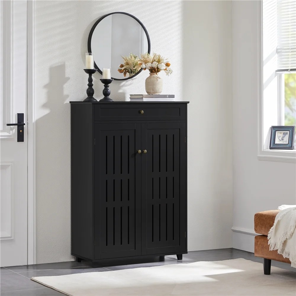 Renwick 5-Tier Shoe Storage Cabinet with Louvered Door & 1 Drawer for Livingroom Entryway, Black - Image 3