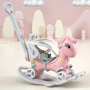 5 in 1 Rocking Horse for Toddlers 1-3 Years Old, Balance Bike Ride On Toys with Push Handle, Backrest and Balance Board for Baby Girl and Boy, Unicorn Kids Riding Birthday (Pink)