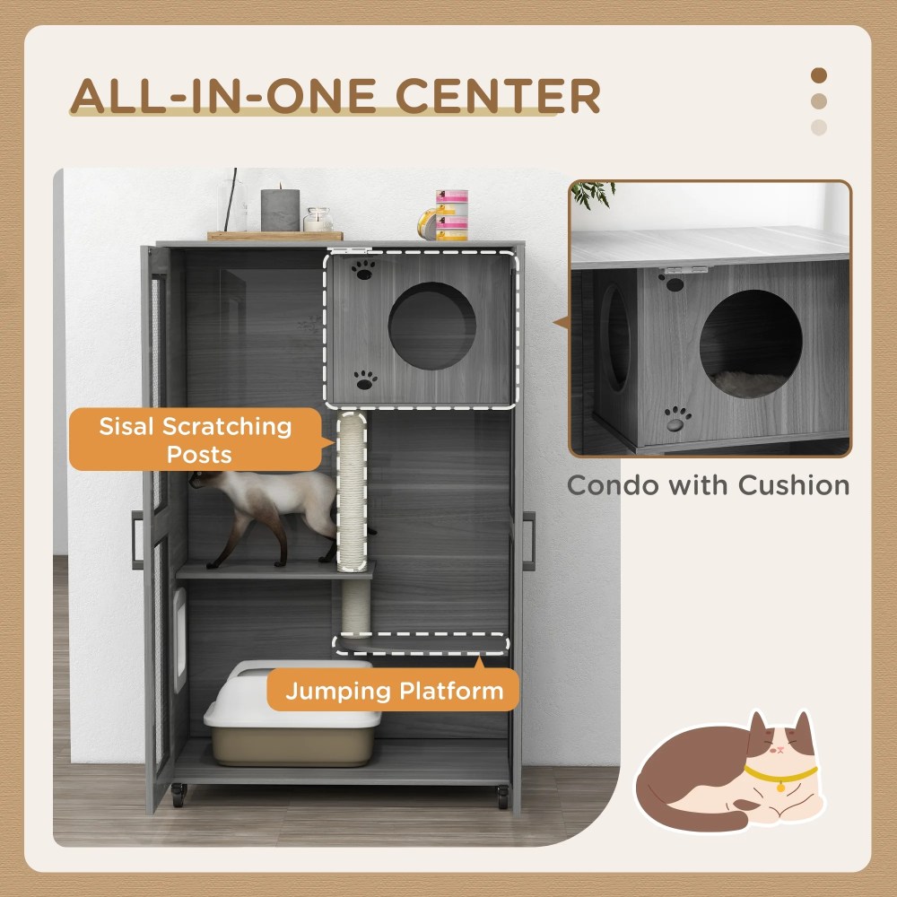 PawHut Cat House with Cat Tree Kitty Cage with Scratching Posts Condo Wheels Flap Door, Gray, 31.5" x 20" x 48.5" - Image 4