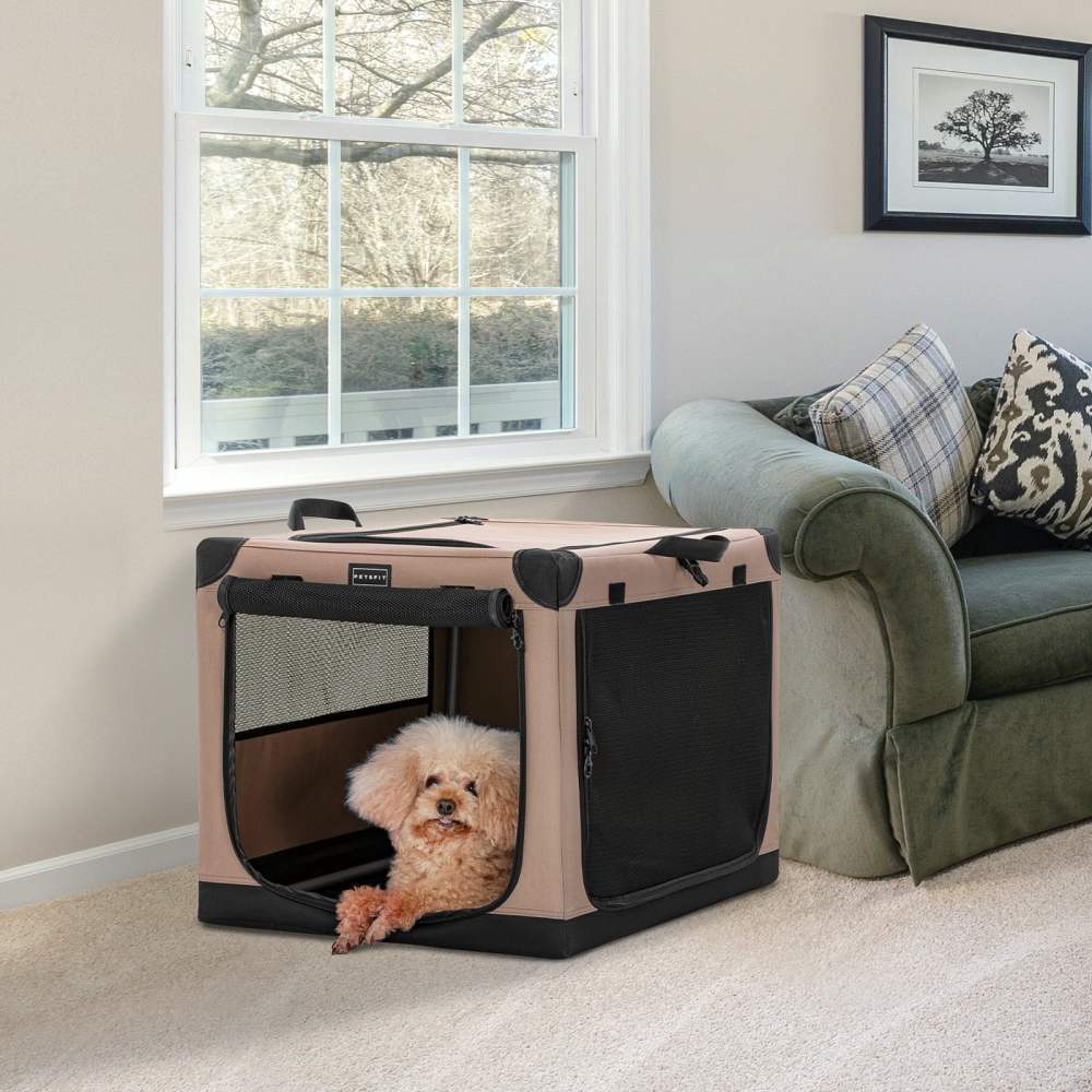 Petsfit Portable Dog Care Kennel, 26" L x 19" Wx 18" H Adjustable Fabric Cover by Spiral Iron Pipe, Portable&Easy Assembly Dog Crate 3 Door Design, Khaki - Image 6
