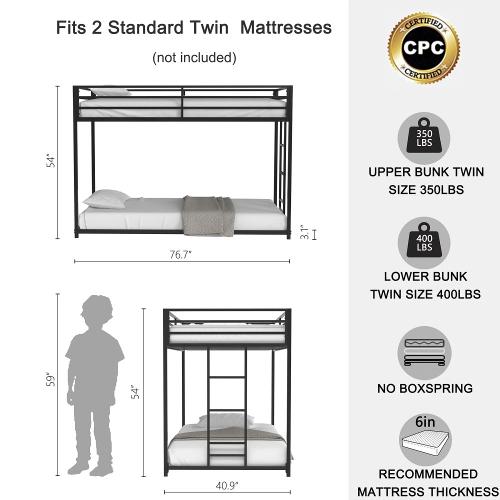 EUROCO Metal Twin over Twin Bunk Bed for Kids Teens Bedroom, Black - Image 8