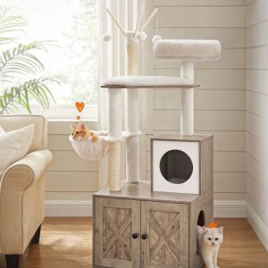 WoodyWonders 2-in-1 Cat Tree with Litter Box Enclosure - Modern Cat Condo with Scratching Posts,  Greige