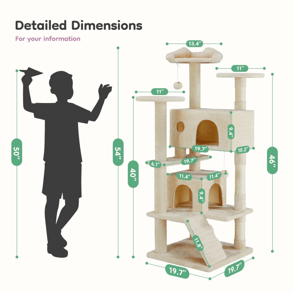 JIOABL 54-Inch Cat Tree Tower - Multi-Level Cat Tower with Large Condo, Natural Sisal Scratching Post, Climbing Ladder, Beige - Image 5