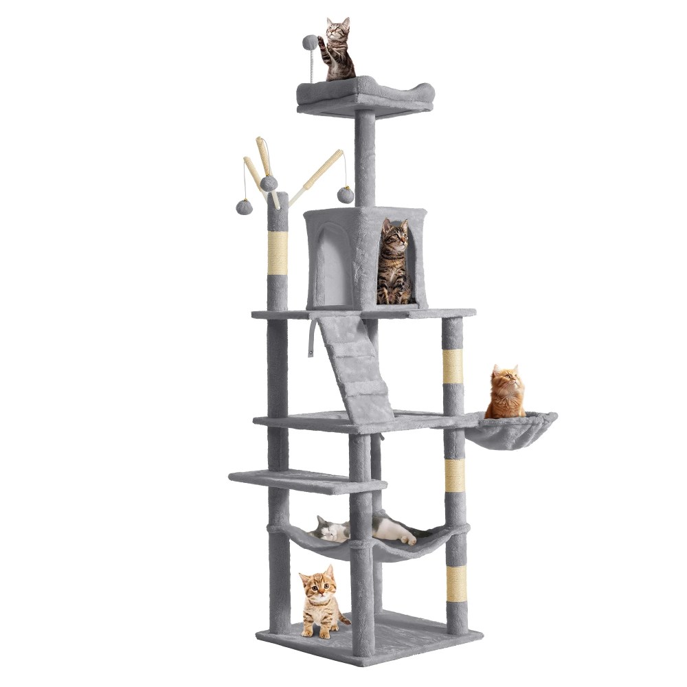 Uforic 64.5" Cat Tree Tower, Multi-Level Play Tower Condo with Scratching Posts&Perch Hammock for Indoor Cats, Light Gray - Image 6
