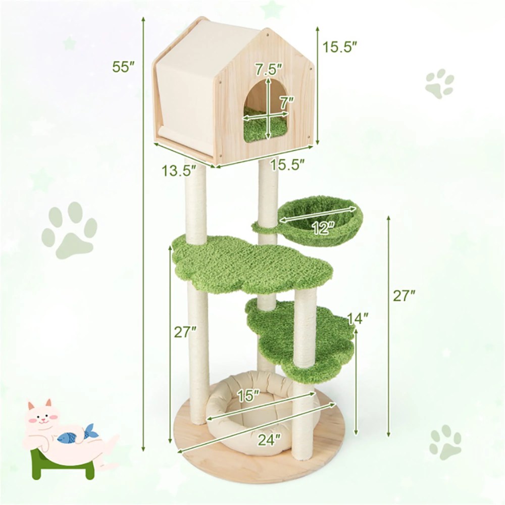 Pefilos 55" Cat Tree Condo for Multiple Cats Furniture Cat Tree House for Outdoor Cat Tower for Indoor Cats Large Pet Club, Beige - Image 6