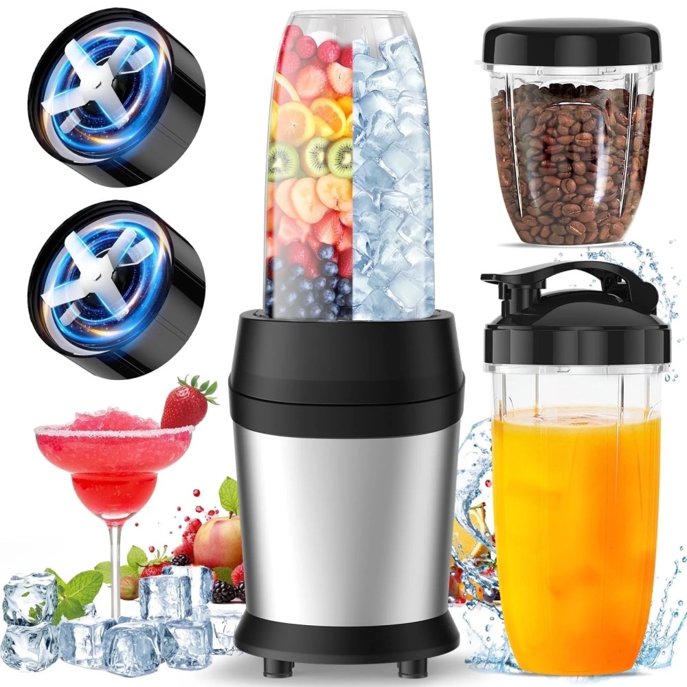 12-Piece Smoothie Blender Maker 25, 000 RPM Personal Blender for Ice Crushing Smoothies & Frozen Drinks Nuts with 23oz,32oz,37oz Portable Cups Two 6-Leaf Stainless Steel Blades,Silver