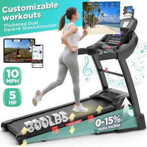 5HP Foldable Treadmill w/ 300lb Capacity, 15 Auto Incline Treadmill, Smart APP w/ Training Course, 10MPH, 71 Preset Programs - for Home or Office Use, Portable Running and Walking Machine