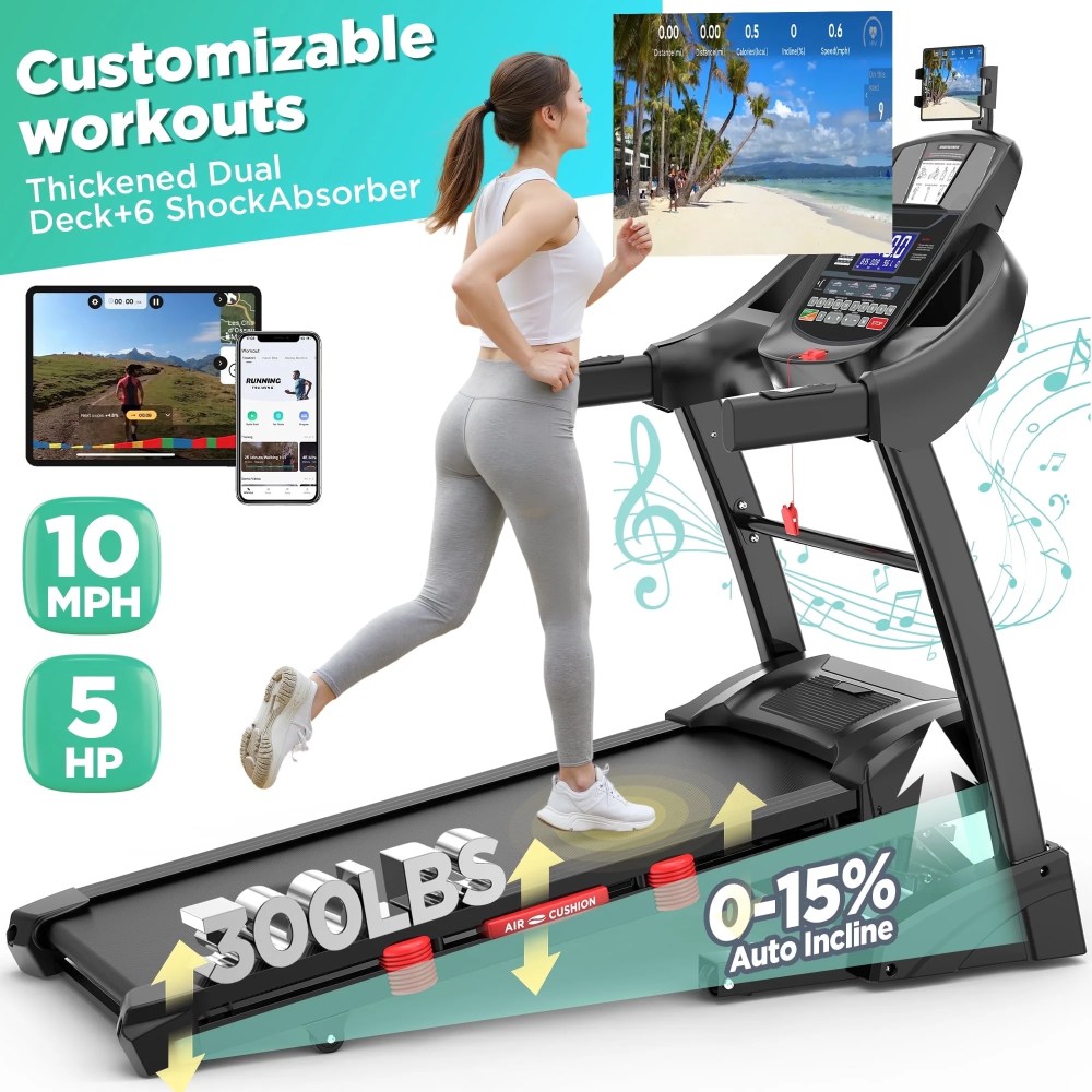 5HP Foldable Treadmill w/ 300lb Capacity, 15 Auto Incline Treadmill, Smart APP w/ Training Course, 10MPH, 71 Preset Programs - for Home or Office Use, Portable Running and Walking Machine