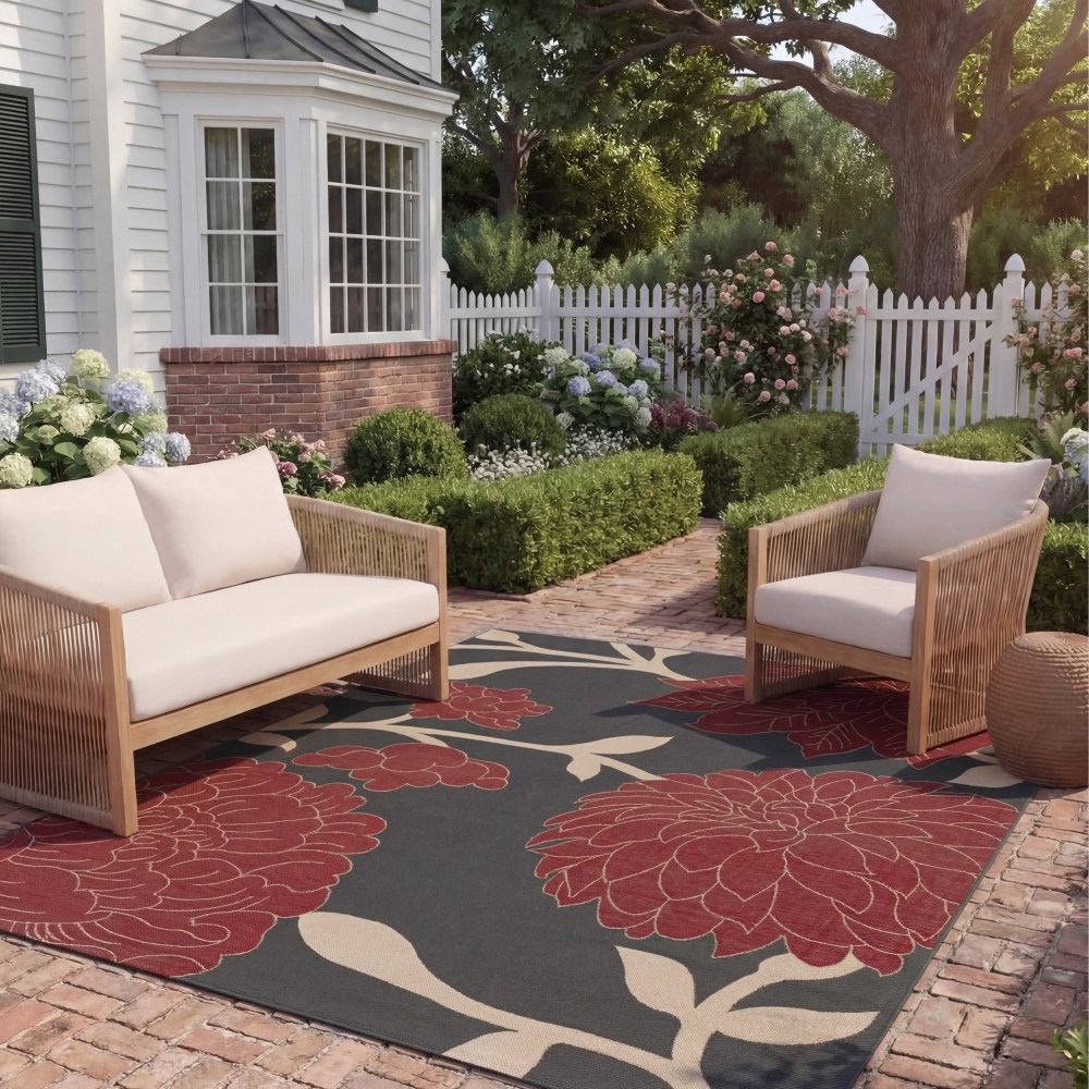 Safavieh Courtyard Tyson Floral Indoor/Outdoor Area Rug, Anthracite/Red, 6'7" x 9'6" - Image 3