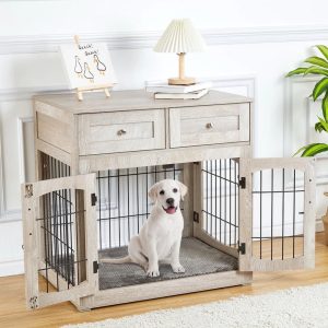 COZONY 32"L Heavy Duty Dog Crate Furniture With 3 Doors,  2 Drawer Wooden Kennel Coffee Table,  Removable Mat And Side Door Wooden Kennel Furniture For Small To Medium Sized Dogs,  Gray