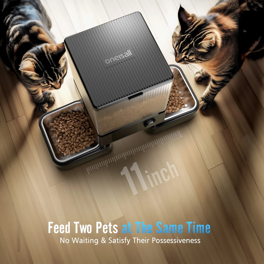 Oneisall 5L/20 Cups Automatic Cat Feeder with 5G WiFi & APP Control, PFD-002 PRO Double Bowl Cat Food Dispenser with 1 Desiccant Bag, Timed Automatic Pet Feeder for 2 Cats/2 Small Dogs - Black - Image 8
